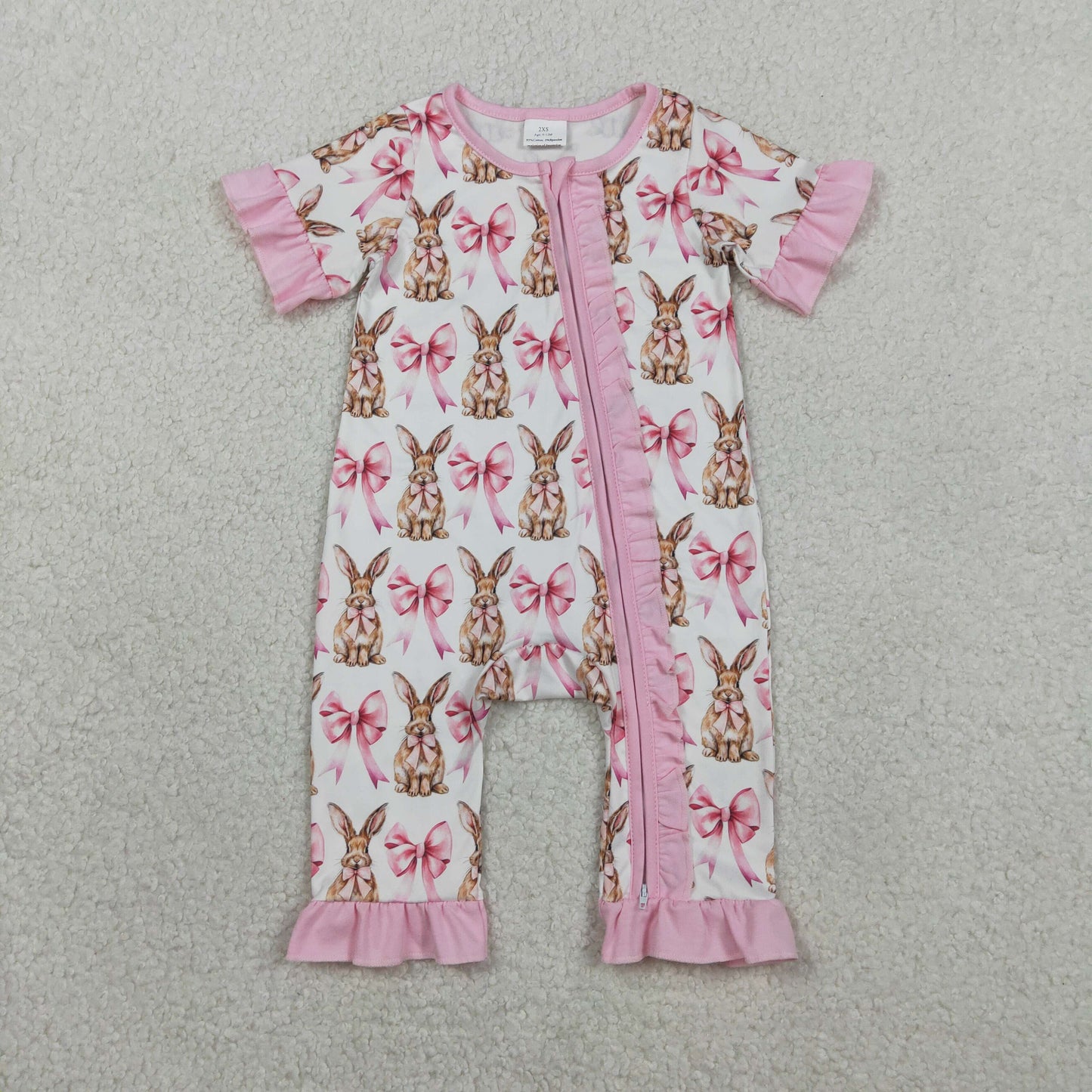 2.2 RTS NO MOQ （In stock）SR2020 Baby Girls Short Sleeve Bows Rabbits Easter Ruffle Zipper Rompers