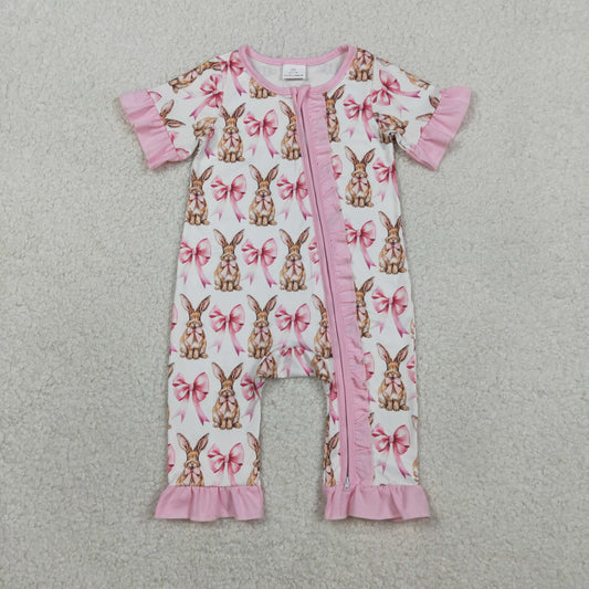 2.2 RTS NO MOQ （In stock）SR2020 Baby Girls Short Sleeve Bows Rabbits Easter Ruffle Zipper Rompers