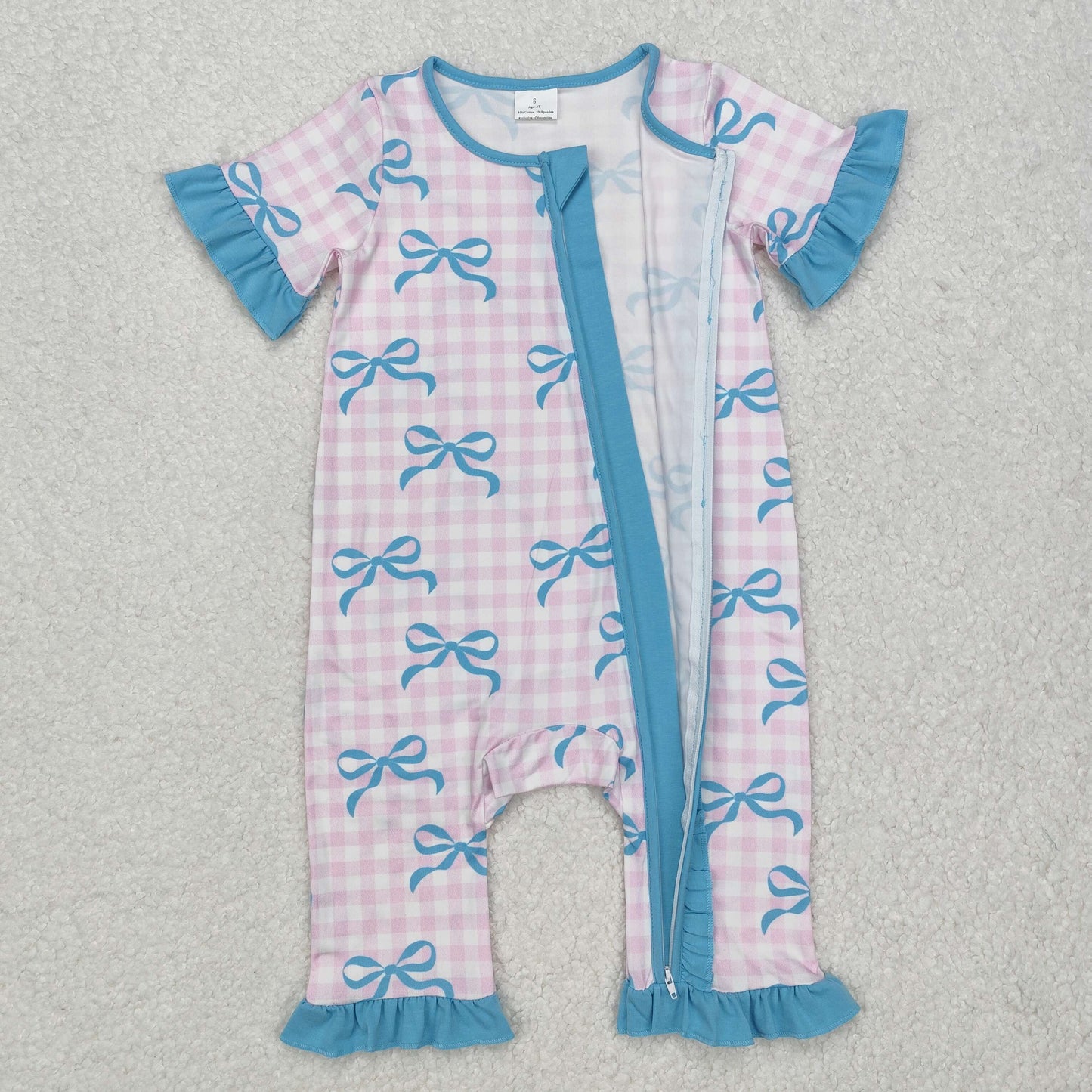 Pink plaid bow short sleeves baby girls zipper romper