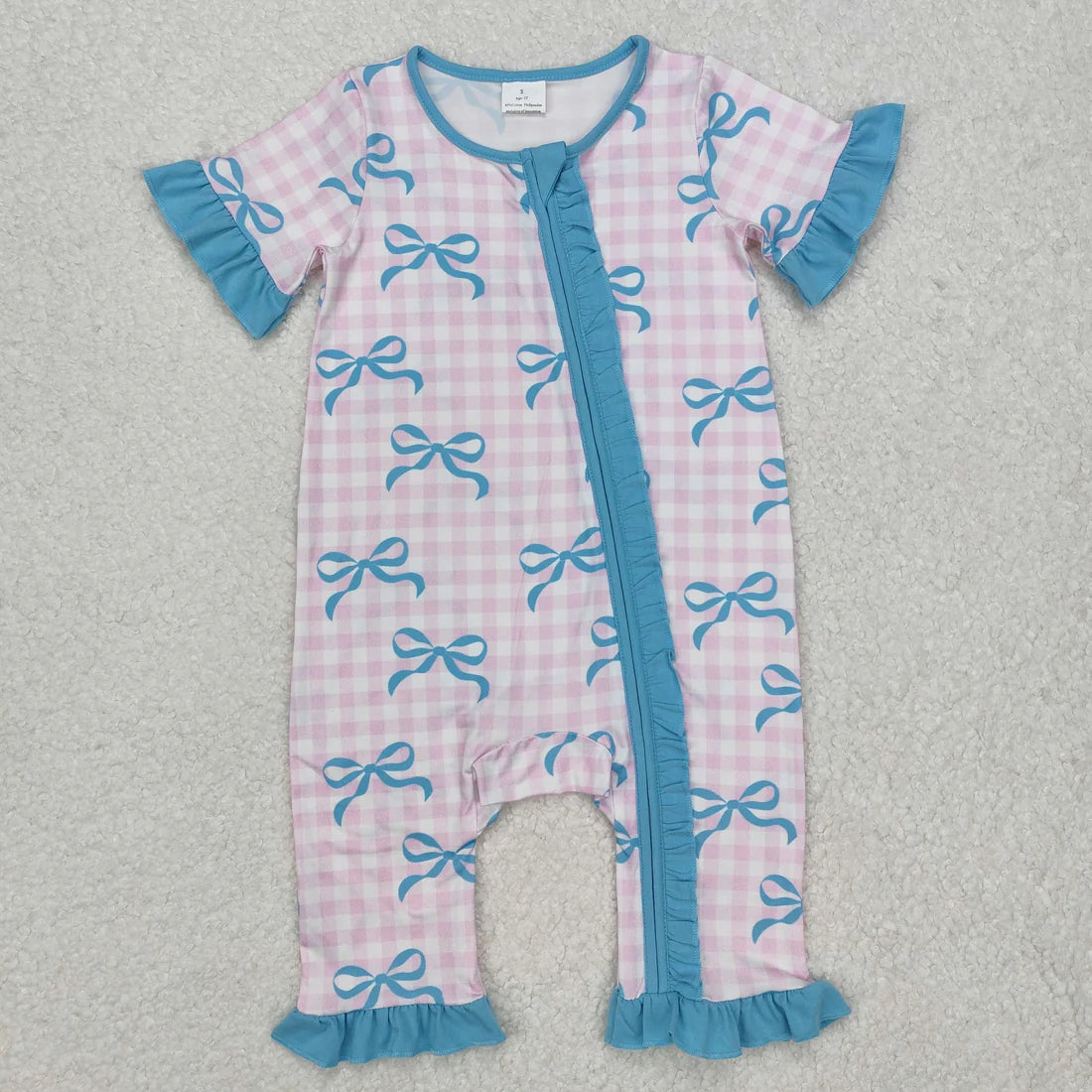 12.15 RTS Sibling Baby Girls Pink Checkered Bows Rompers Pajamas Sets