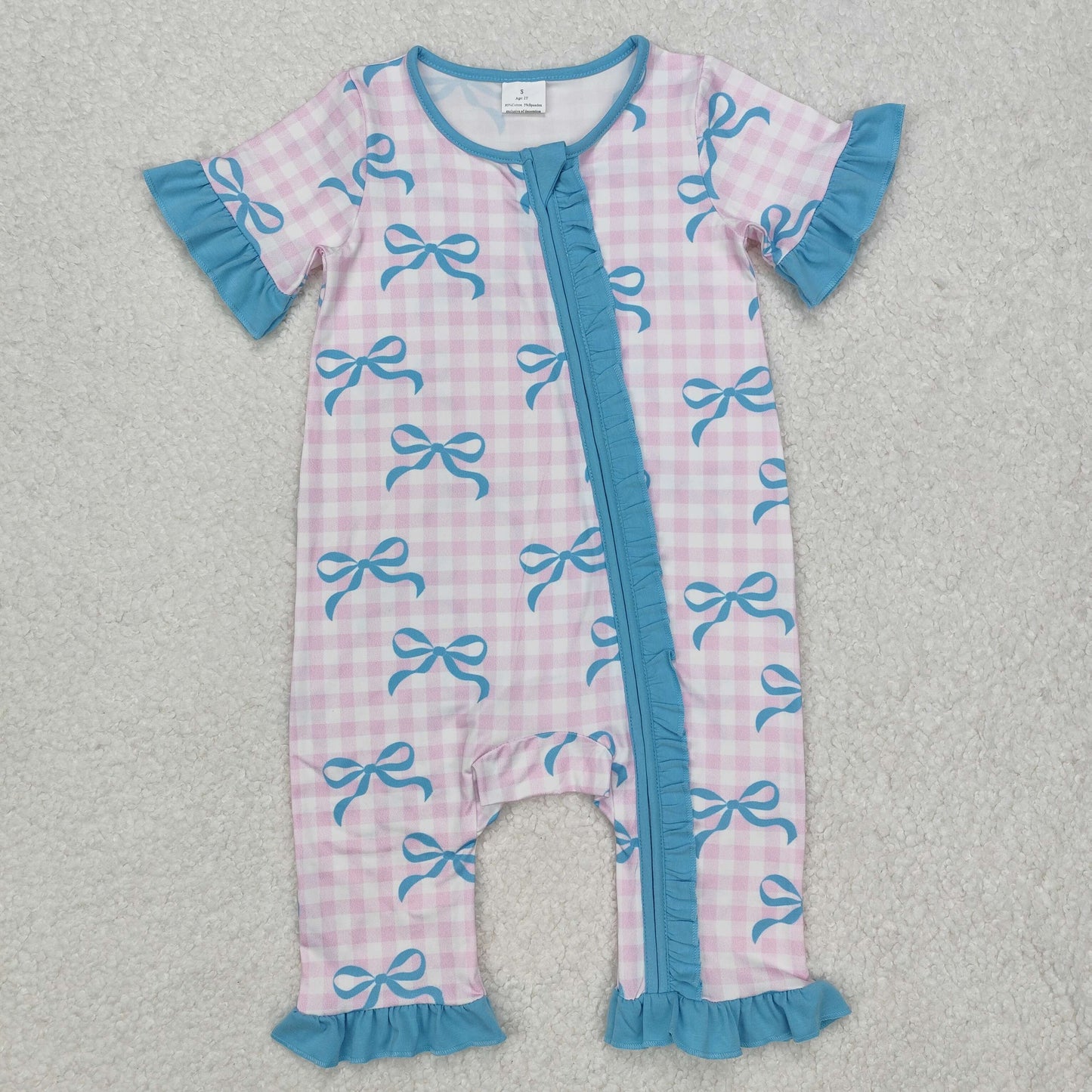 Pink plaid bow short sleeves baby girls zipper romper
