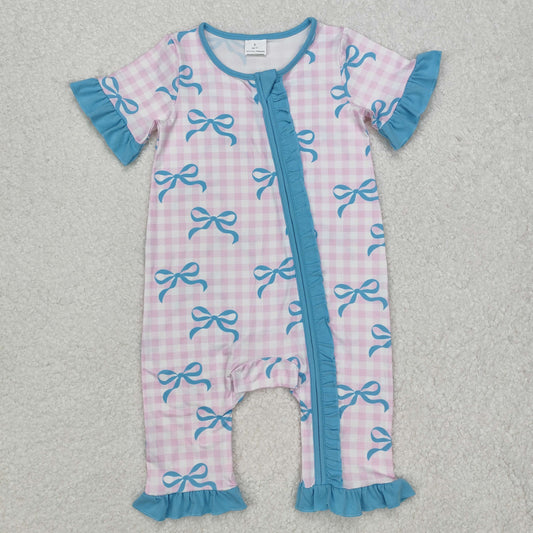 Pink plaid bow short sleeves baby girls zipper romper