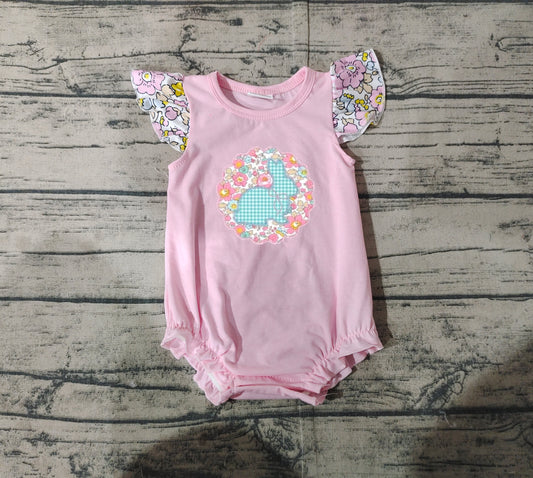 SR2054Pink Floral Bunny Baby Girls Easter Romper with Flutter Sleeves Soft Cotton Outfit for Little Girls Cute Spring Photography Props