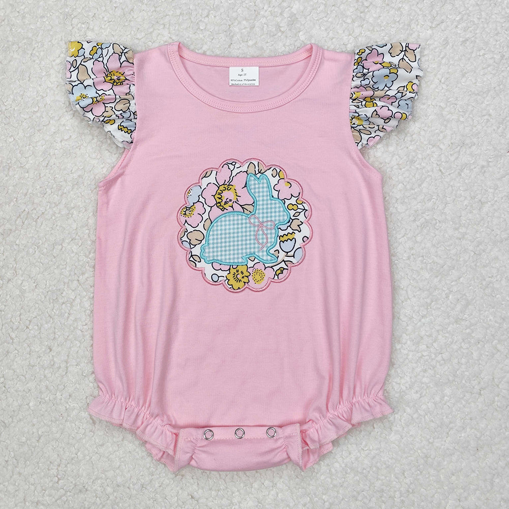 SR2054Pink Floral Bunny Baby Girls Romper with Flutter Sleeves Easter Outfit for Infants