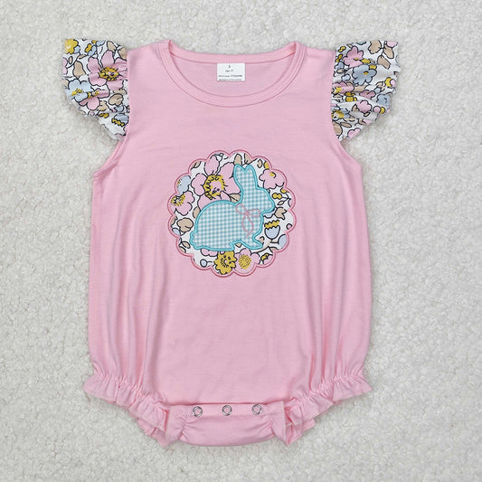 SR2054Pink Floral Bunny Baby Girls Romper with Flutter Sleeves Easter Outfit for Infants