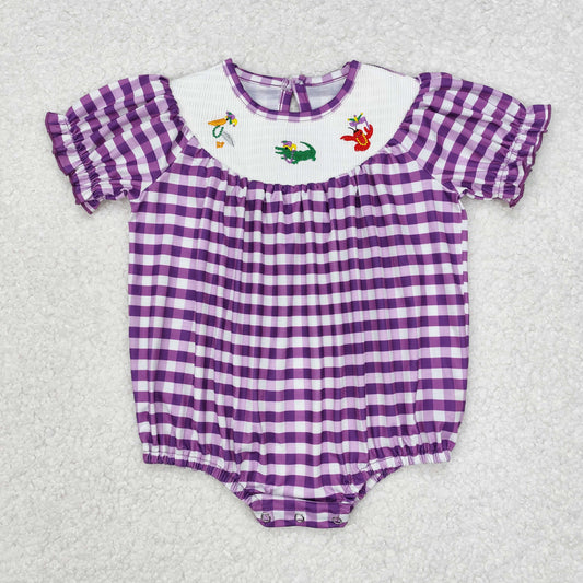 SR2060 Purple embroidery plaid pelican alligator crawfish girls mardi gras romper