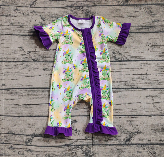 SR2068Purple short sleeves alligator baby girls Mardi Gras zip romper
