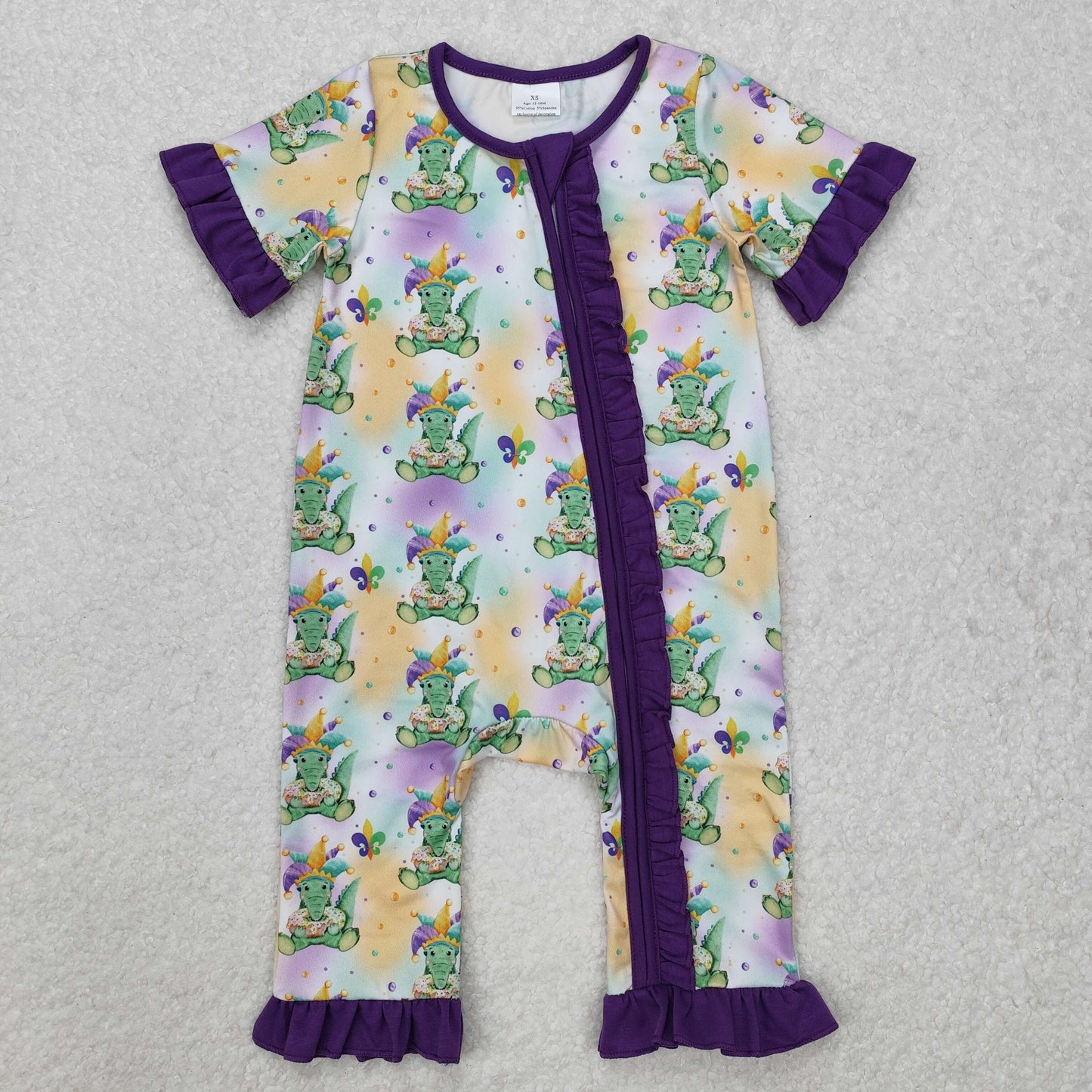 SR2068Baby Girls Purple Short Sleeves Crocodiles Print Mardi Gras Zipper Romper