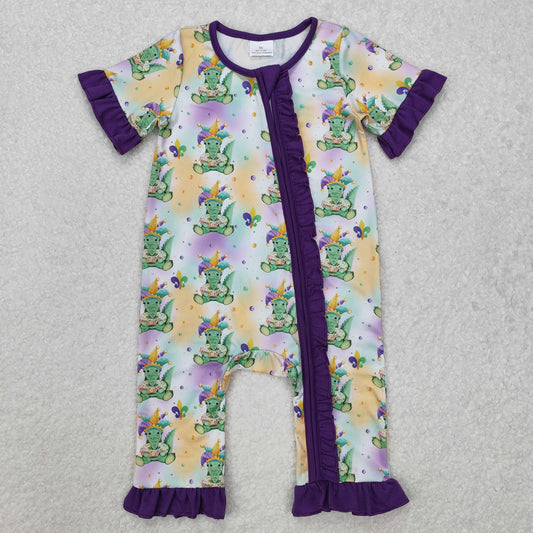 SR2068Baby Girls Purple Short Sleeves Crocodiles Print Mardi Gras Zipper Romper