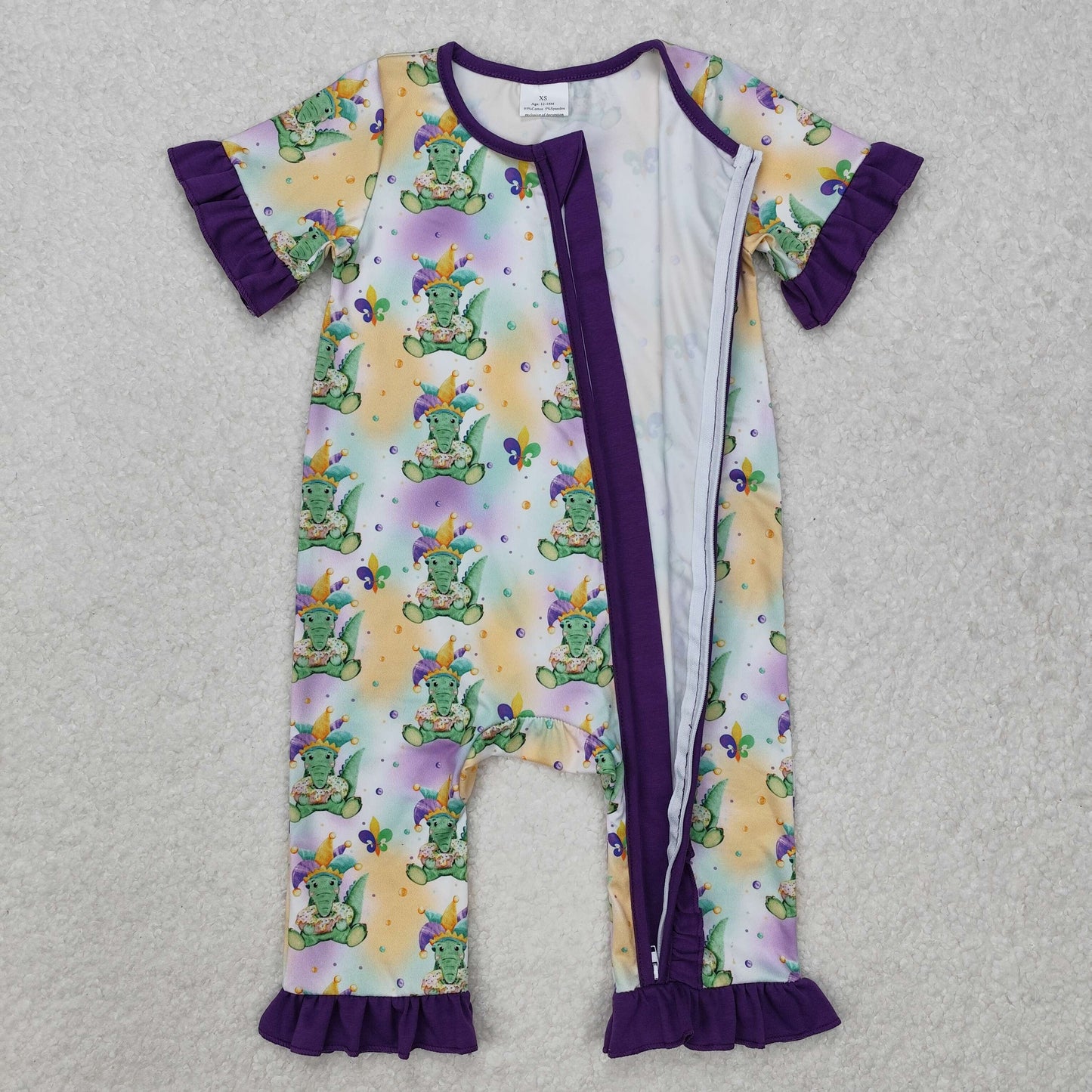 SR2068Baby Girls Purple Short Sleeves Crocodiles Print Mardi Gras Zipper Romper
