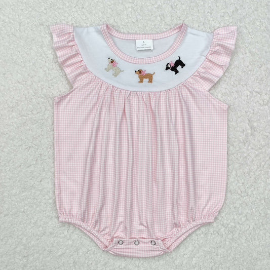 SR2073Pink flutter sleeves dog print baby girls romper