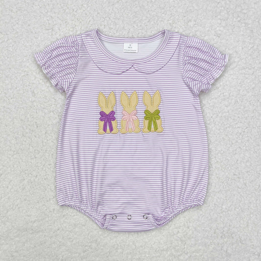 SR2074 Embroidery Lavender stripe flutter sleeves bunny baby girls Easter romper