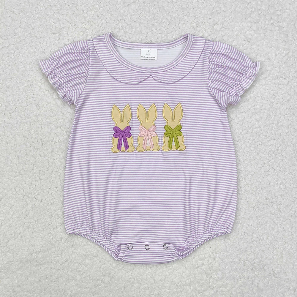 1.17 RTS Sibling Baby Girls Lavender Stripes Bunny Rompers Dresses