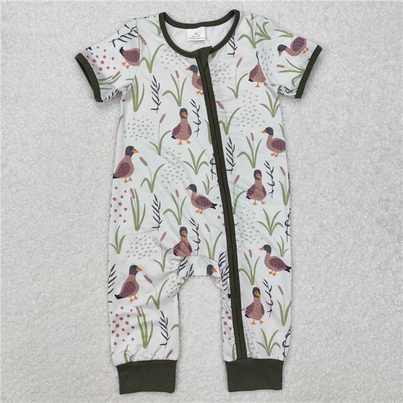 4.22 RTS NO MOQ Blue Easter Zip Romper Short Sleeves for Baby Boys with Rabbit And Eggs Design Baby Outfit for Spring