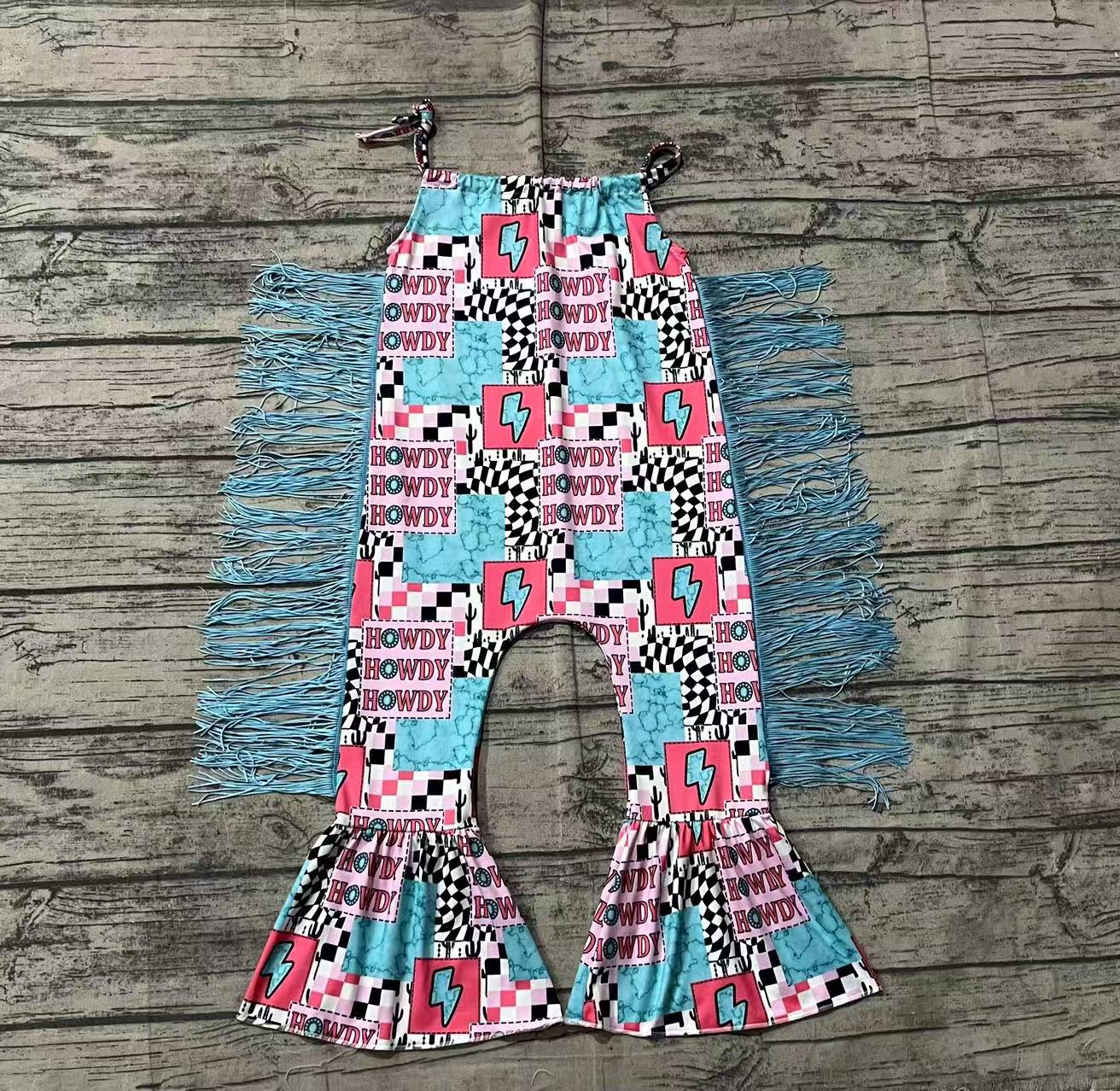 SR2090Howdy turquoise thunder patchwork tassels girls romper