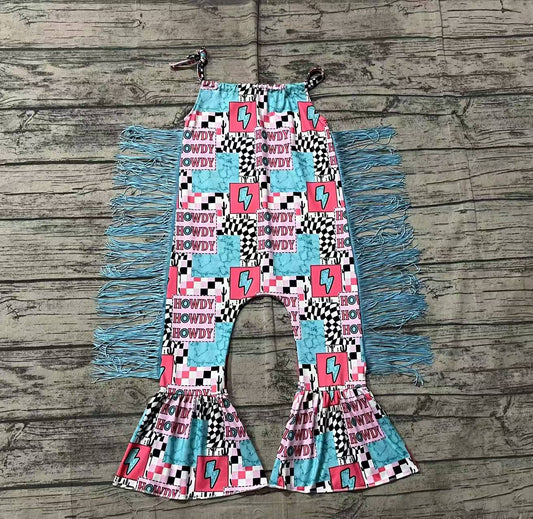 SR2090Howdy turquoise thunder patchwork tassels girls romper