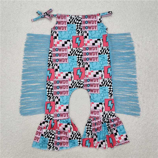 SR2090Howdy turquoise thunder patchwork tassels girls romper