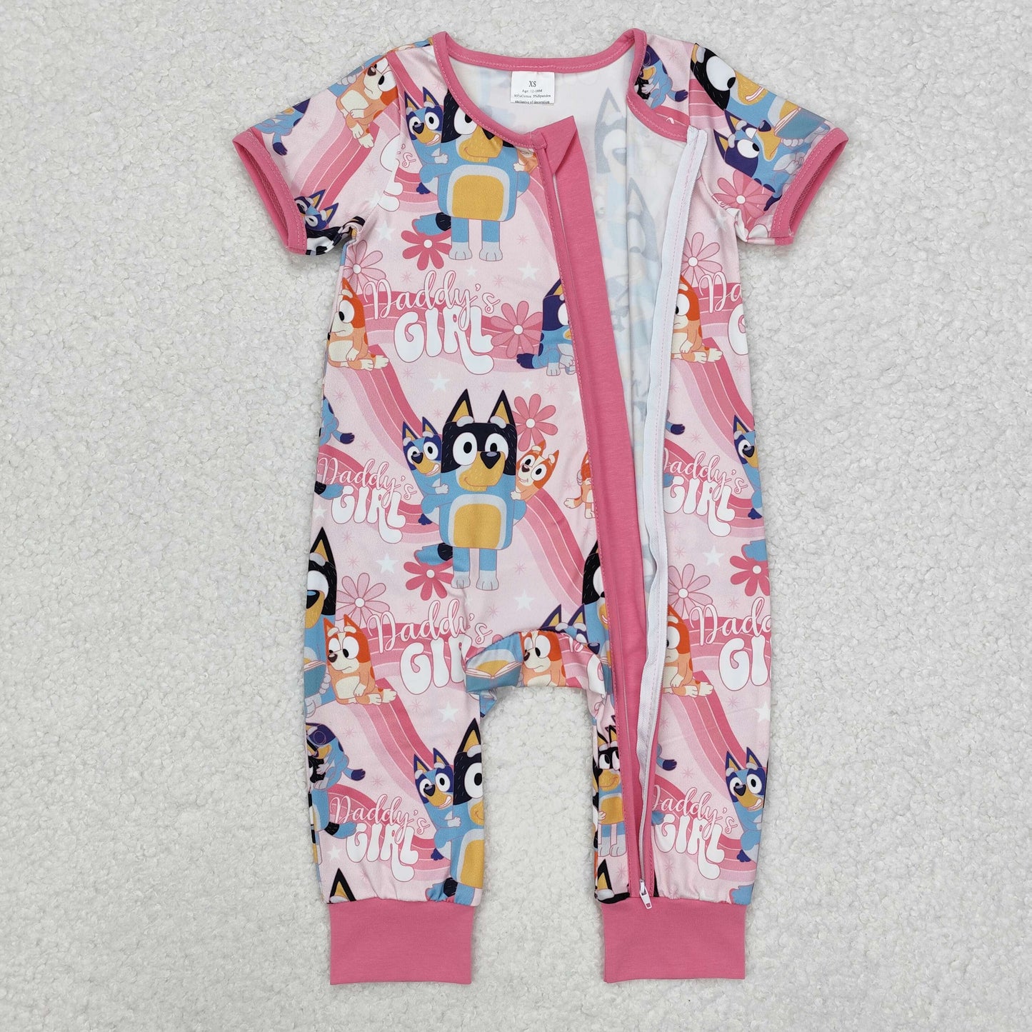 SR2105 Short sleeves daddy's girl floral dog print baby zipper romper