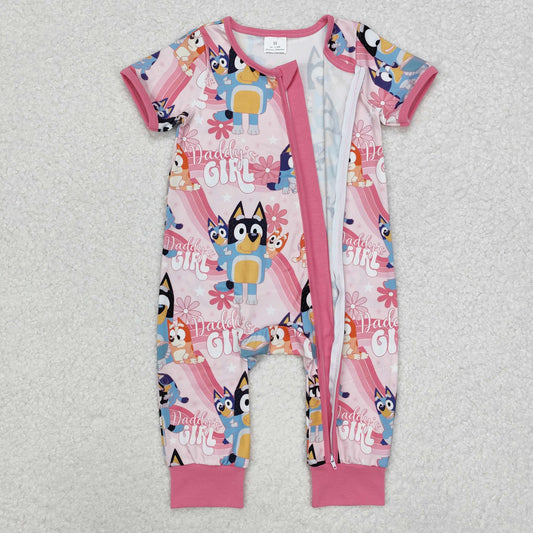 SR2105 Short sleeves daddy's girl floral dog print baby zipper romper