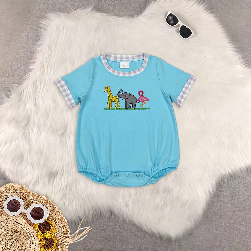8.16  RTS Sibling Giraffe elephant flamingo top plaid shorts boys clothing rompers
