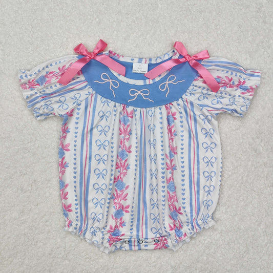SR2131Short sleeves stripe light blue bow floral baby girls romper