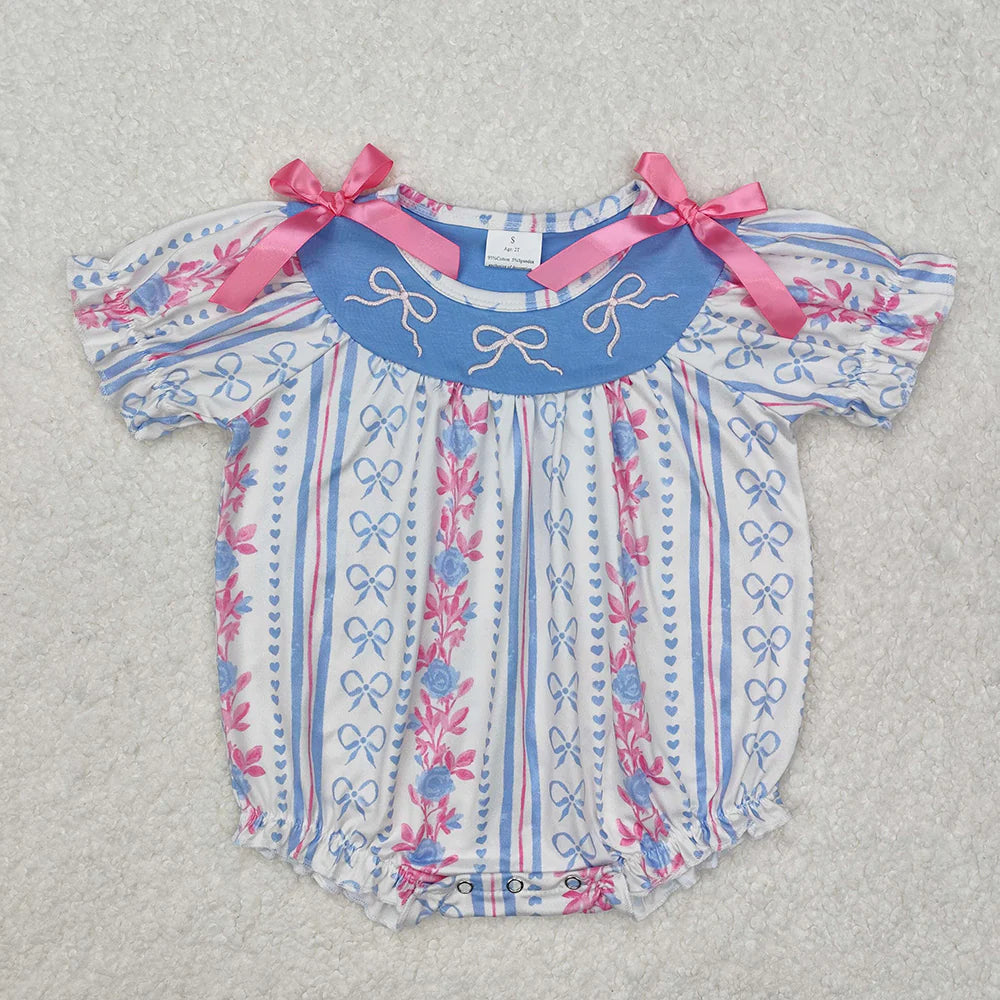 12.27 RTS Sibling Baby Girls Blue Pink Bows Rompers Dresses