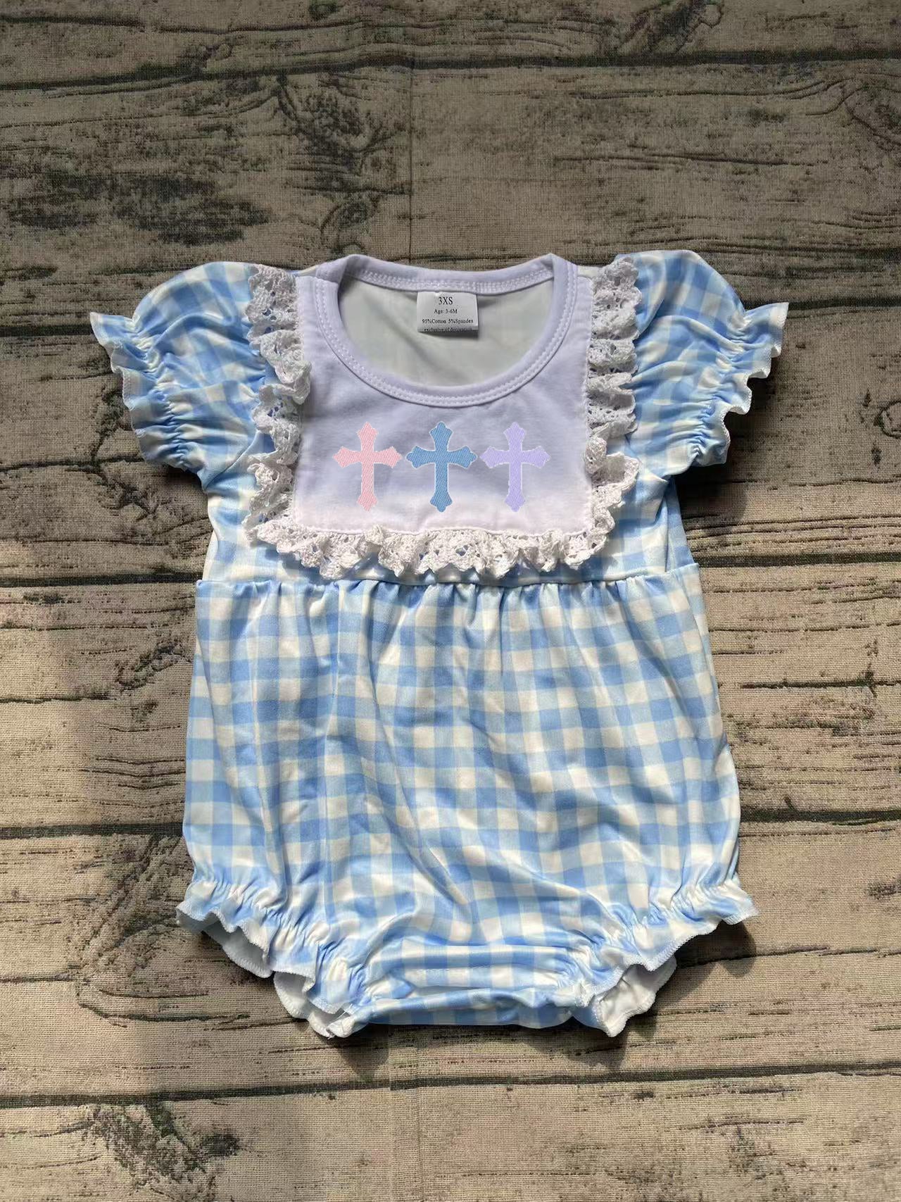SR2133Light blue plaid short sleeves cross baby girls Easter romper