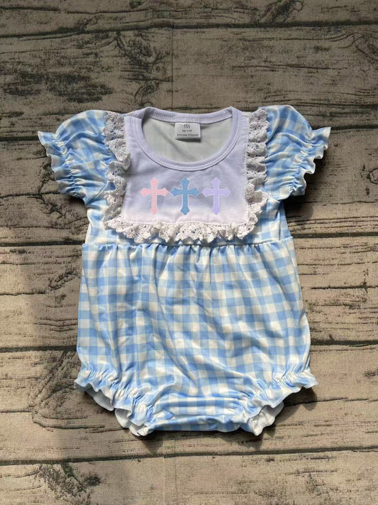 SR2133Light blue plaid short sleeves cross baby girls Easter romper