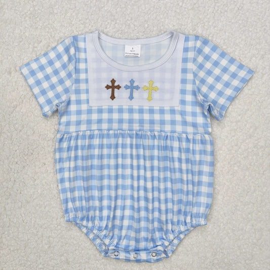 SR2134Light Blue Plaid Short Sleeve Cross Baby Boys Easter Romper Spring Casual Outfit for Infants