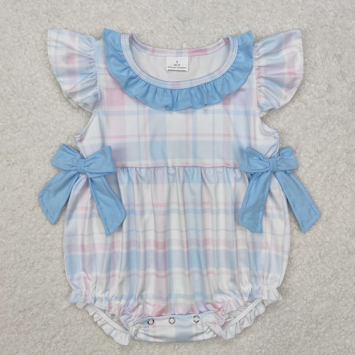 SR2139Pink light blue plaid flutter sleeves baby girls romper