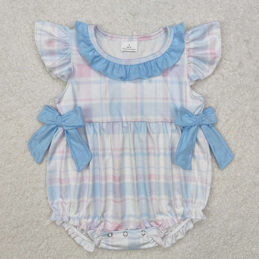 SR2139Pink light blue plaid flutter sleeves baby girls romper
