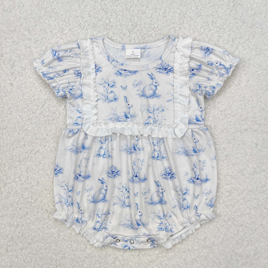 SR2143Light blue bow short sleeves bunny baby girls romper