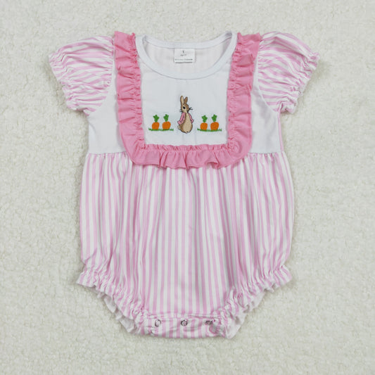 SR2144Charming Easter Romper for Baby Girls: Pink Stripe, Short Sleeves, and Carrot Bunny Magic