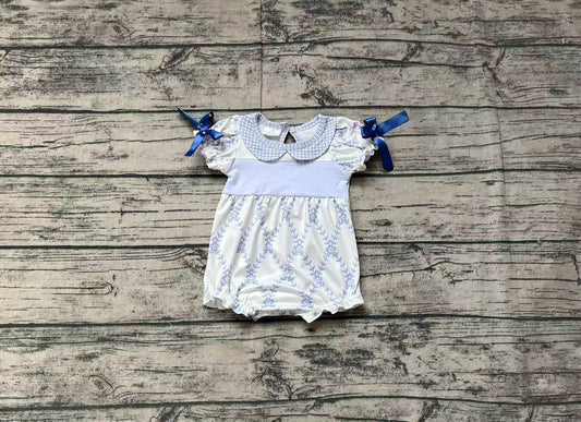 SR2146 pre-order baby girls clothes embroidery bow blue short sleeve Romper