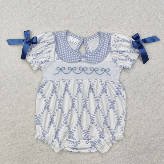 SR2146Baby Infant Girls Blue Flowers Bows Rompers