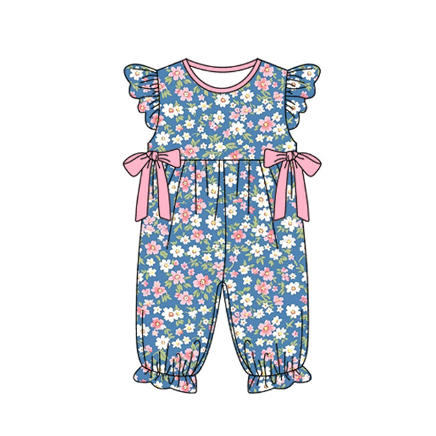 SR2166 Baby Infant Girls Navy Pink Flowers Bows Flutter Sleeve Rompers preorder