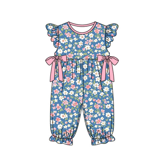 SR2166 Baby Infant Girls Navy Pink Flowers Bows Flutter Sleeve Rompers preorder