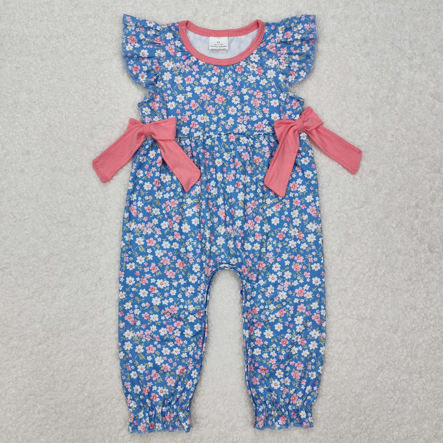 SR2166Flutter sleeves floral bow baby girls romper