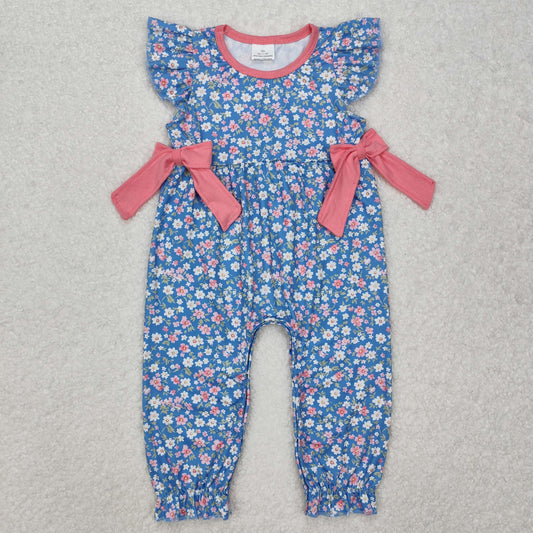 SR2166Flutter sleeves floral bow baby girls romper