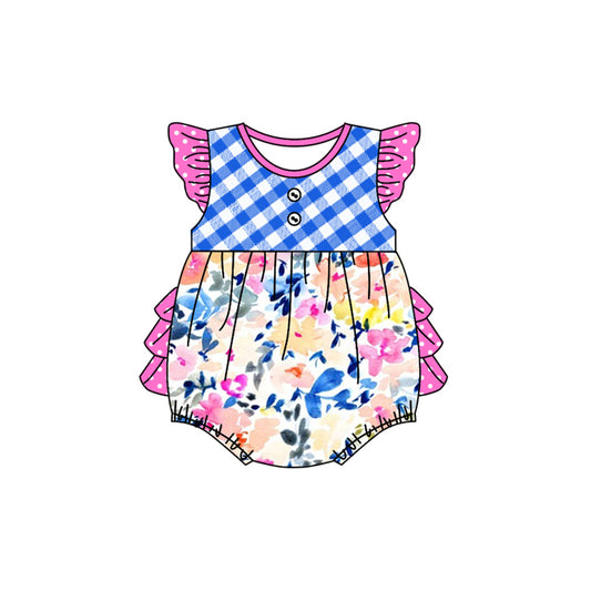 SR2176 Baby Infant Girls Blue Flowers Ruffles Rompers preorder