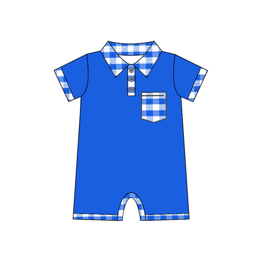 SR2177 Baby Infant Boys Blue Checkered Pocket Rompers preorder