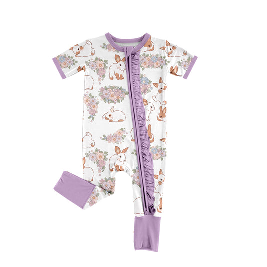SR2178 Baby Infant Girls Easter Purple Rabbits Flowers Short Sleeve Zip Rompers preorder