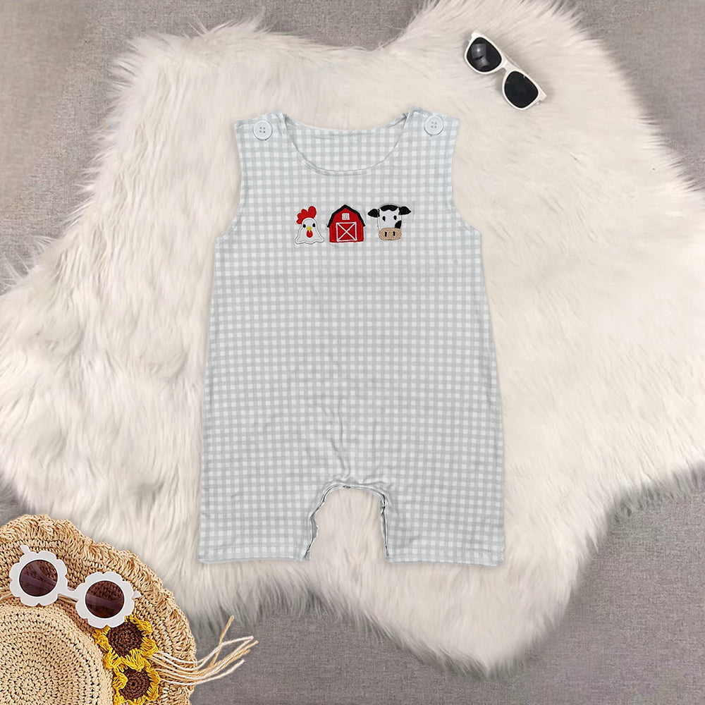 8.12  RTS Sibling Short sleeves chicken cow top plaid shorts farm boy clothes rompers