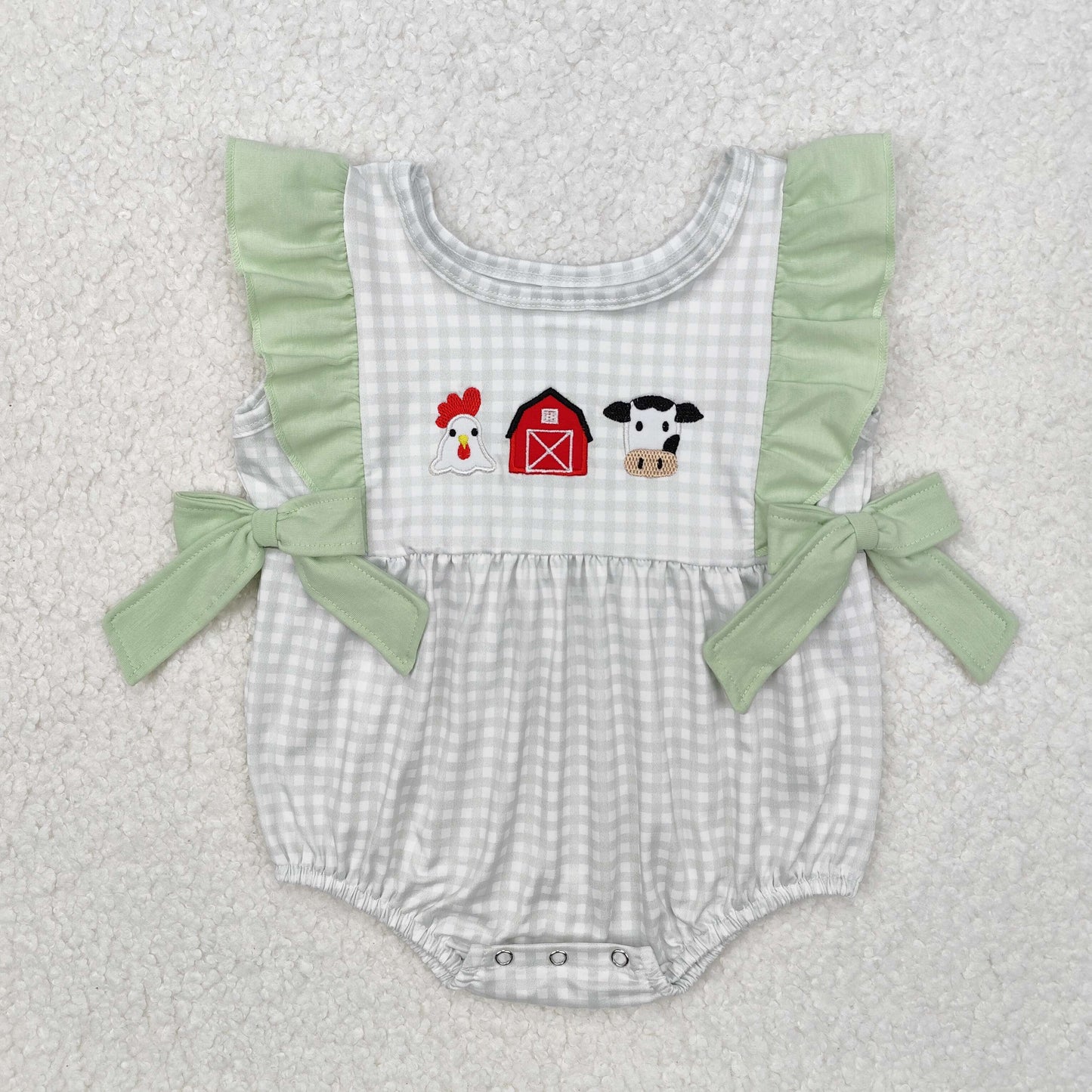 SR2184  Plaid chicken cow farm baby girls romper