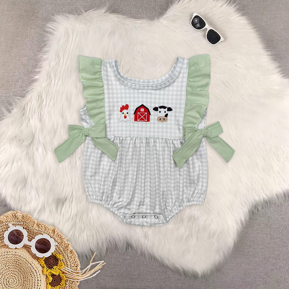 8.12  RTS Sibling Short sleeves chicken cow top plaid shorts farm boy clothes rompers