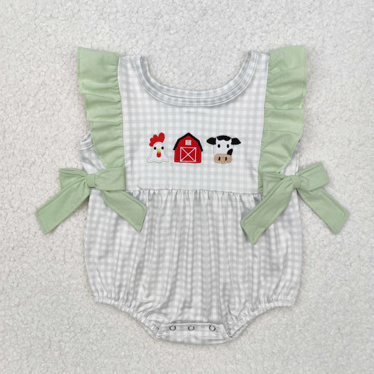 SR2184Plaid chicken cow farm baby girls romper