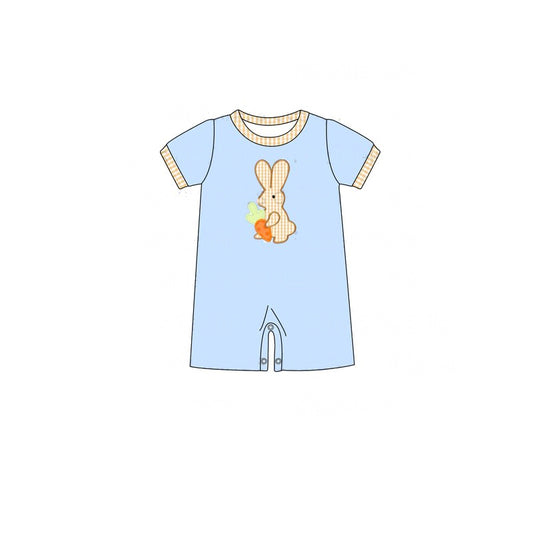 SR2191 Baby Infant Boys Easter Blue Rabbits Carrot Short Sleeve Rompers preorder