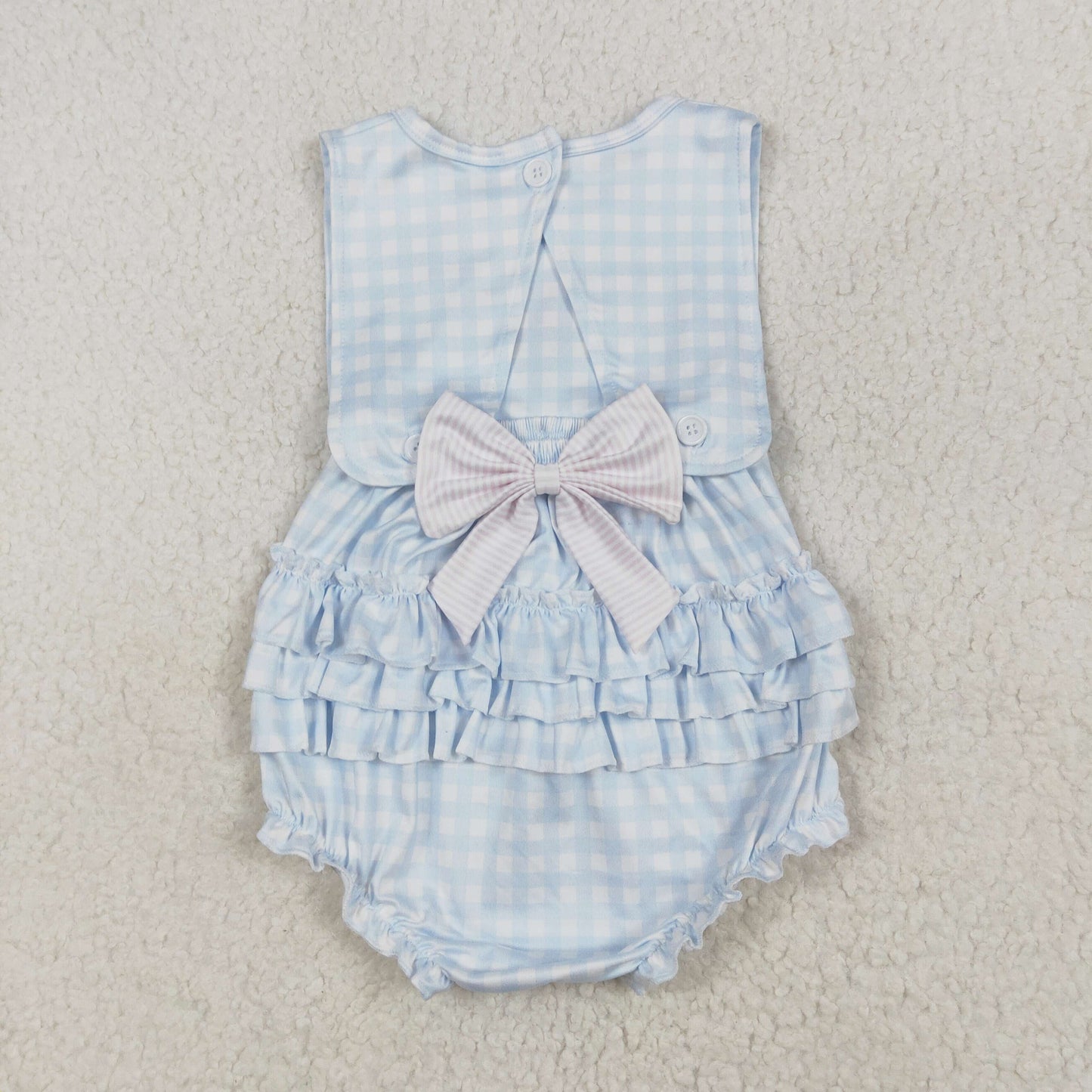 SR2203Baby Infant Girls Blue Checkered Bows Sleeveless Rompers