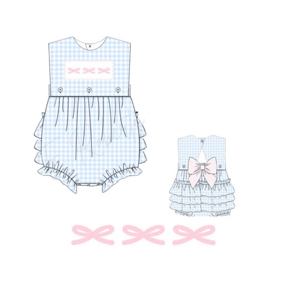 SR2203 Baby Infant Girls Blue Checkered Bows Sleeveless Rompers preorder