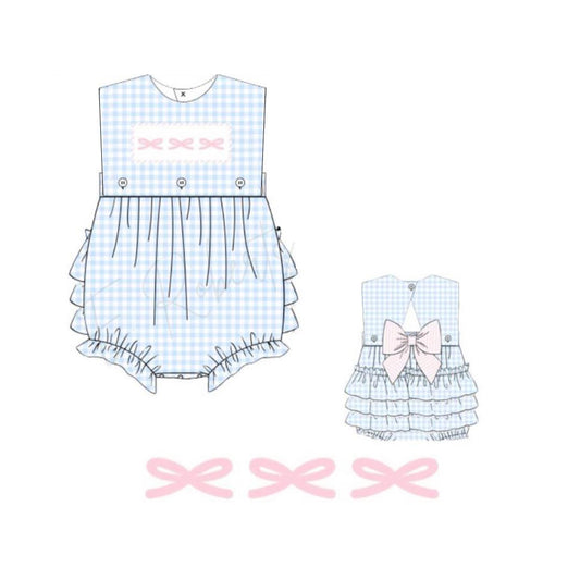 SR2203 Baby Infant Girls Blue Checkered Bows Sleeveless Rompers preorder